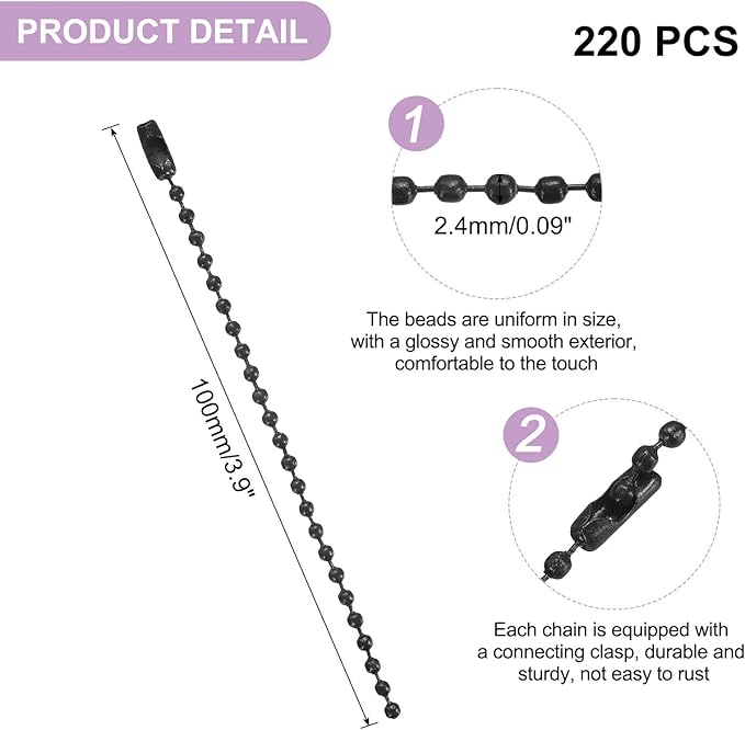 uxcell 220pcs Metal Ball Bead Chain, 100mm Long Bead Connector Clasp Dog Tag Hanging Chain for Key Chains Tags Craft Projects Jewelry Making, Black