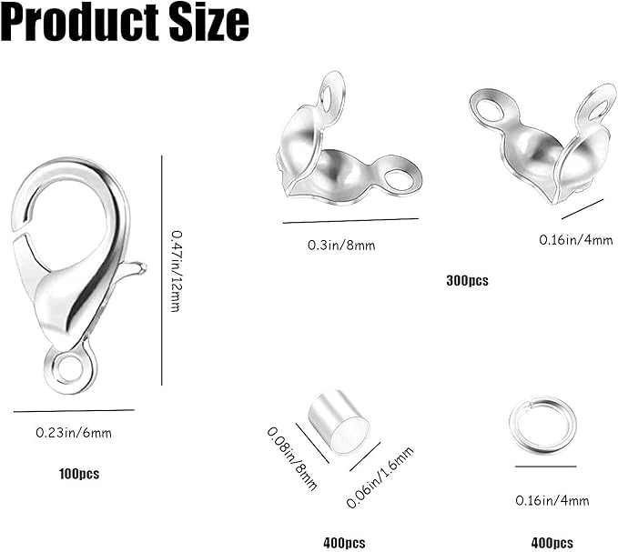 1200 Pcs Jewelry Making Accessories Set with 100 Pieces Lobster Claw Clasp 300 Pieces Bead Tips Knot Covers 400 Pieces Crimp Tube Beads and 400 Pcs Open Jump Ring Connectors for DIY Jewelry (Silver)