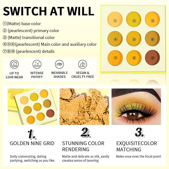 9-Color Yellow Gold Matte Shimmer Eyeshadow Palette – High Pigment Warm Orange, Lemon & Brown Shades, Long-Lasting Waterproof Blendable Eye Makeup for Summer, Sunset & Daily Looks