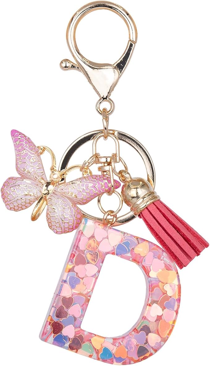 Initial Keychain Cute Pink Resin Letter and Butterfly Charms Keychains for Backpack Purses