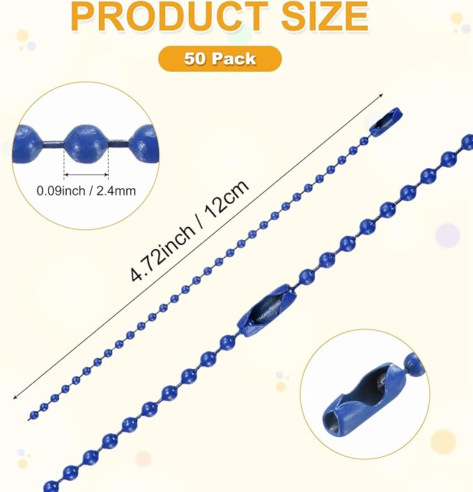 M METERXITY 50-Pack Ball Beads Chain, 4.7 in Metal Beaded Necklace Adjustable Keychain with Connectors for Jewelry Making/DIY Crafts/Hanging Decoration, Dog Tag Chain [Blue]