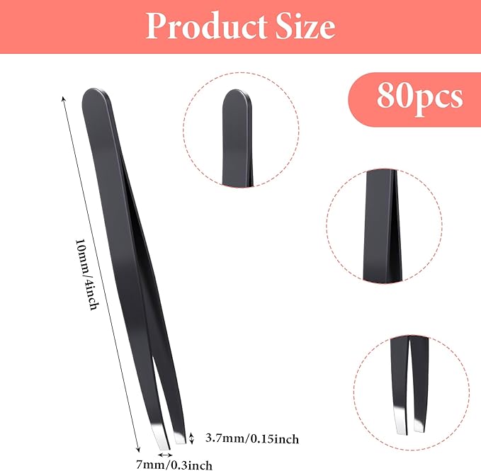 80 Pcs Eyebrow Lash Tweezers Set, Professional Black Iron Tweezers Bulk for Eyelash Extensions, Ingrown Hair Removal, Eyebrow Plucking and Facial Grooming - High Precision Beauty Tools for Women Men