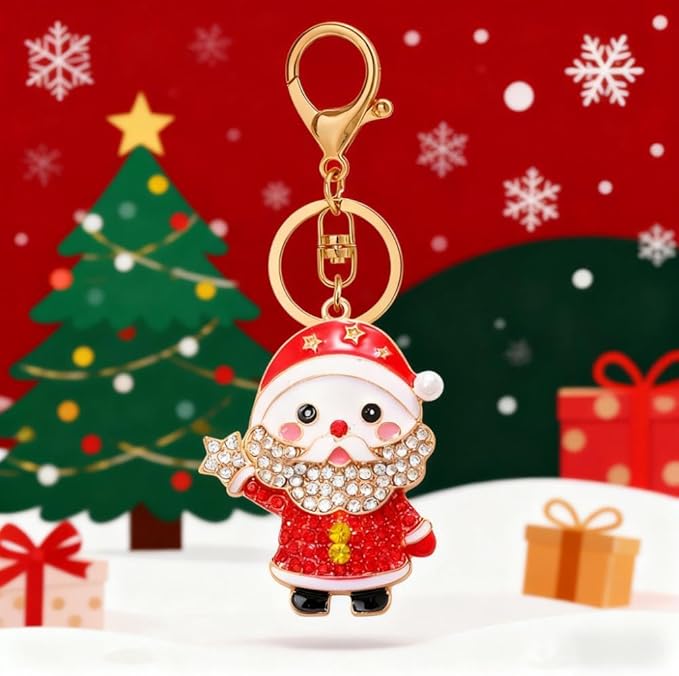 Dreuyet Christmas Keychain Rhinestone Crystal Christmas Tree Santa Purse Bag Handbags Charms for Women Lady Friends