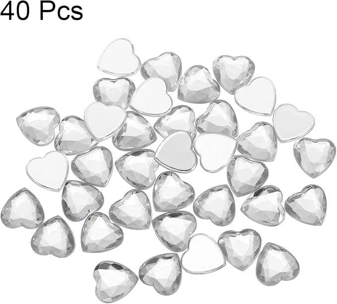 MECCANIXITY 40 Pcs Acrylic Heart Rhinestone 12mm Flat Back Plastic Gems Jewelry Stickers for Craft Bead Face Painting Costume Jewelry Making, Transparent White