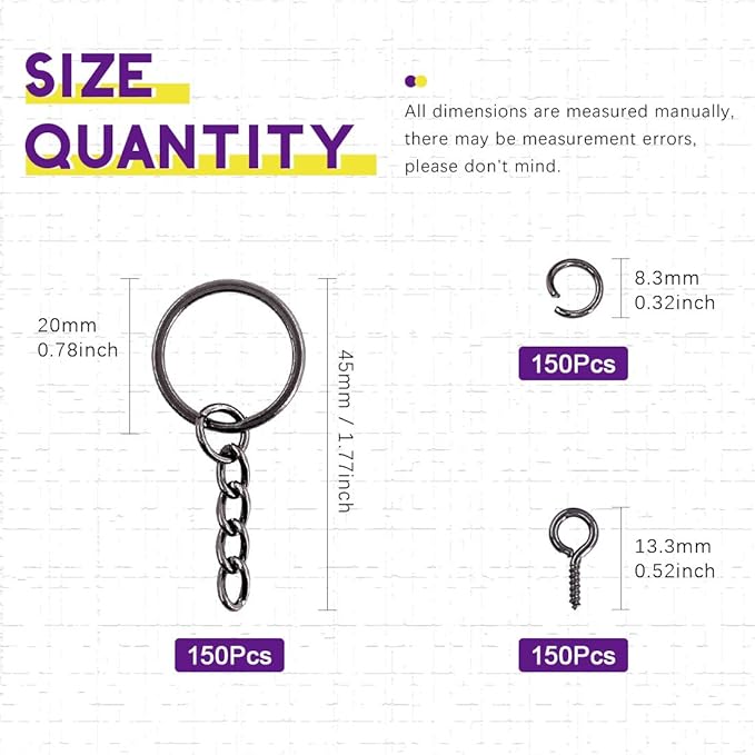 Swpeet 450Pcs 4/5 Inch 20mm Black Flat Key Chain Rings Kit, Including 150Pcs Split Keychain Rings with Chain and 150Pcs Jump Ring with 150Pcs Screw Eye Pins Bulk for Jewelry Findings Making