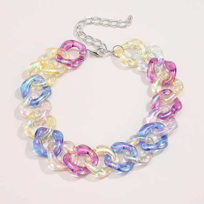 Xerling Colorful Rainbow Acrylic Link Chain Necklace Punk Chunky Boho Iridescent Necklace for Women Teen Girls Multi-Colored Curb Chain Choker for Party Modern Necklace