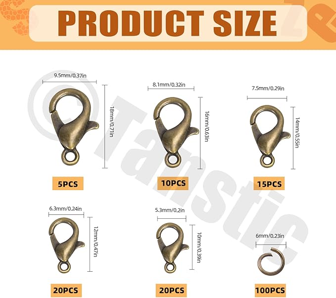 Tanstic 170Pcs Bronze Lobster Claw Clasps with Open Jump Rings Kit, 10mm, 12mm, 14mm, 16mm, 18mm Alloy Small Jewelry Clasps Lobster Clasps and 6mm Jump Rings for DIY Jewelry Making