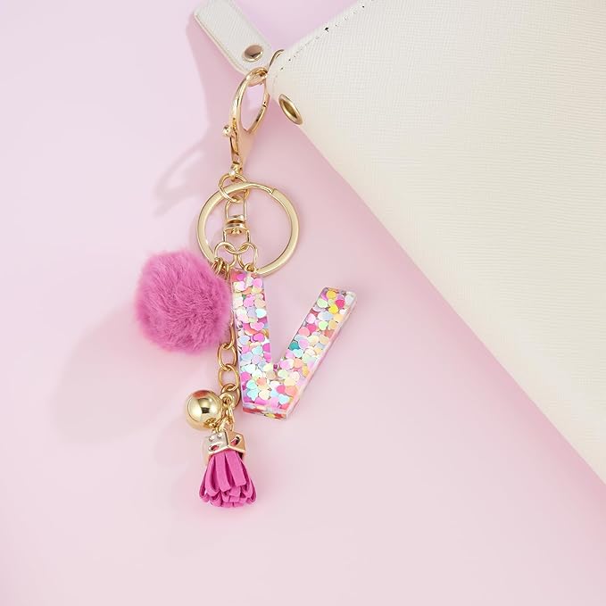 Resin Alphabet Initial Letter Keychain Keyring for Women Purse Handbags With Fur Ball Pom