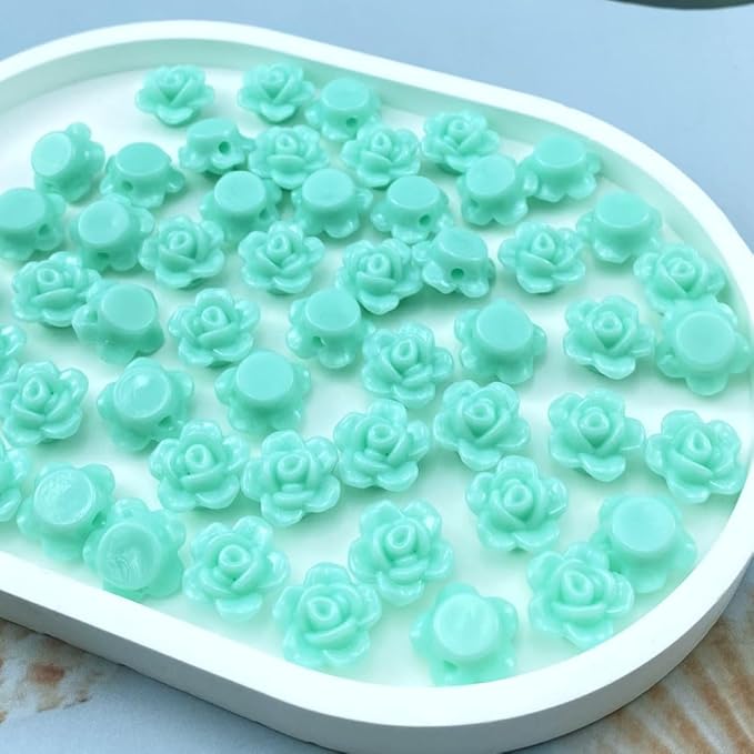 200pcs Acrylic Rose Flower Beads Candy Color Flat Back Spacer Beads Loose Pastel Colorful Decor for DIY Crafts Jewelry Making Bracelet Necklace Earrings(Lake Green)