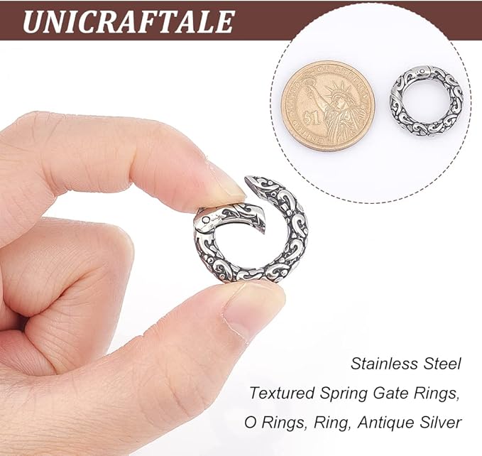 UNICRAFTALE 2Pcs Tibetan Style Spring Gate Rings Stainless Steel Textured Snap Clasps 6 Gauge O Ring Clips Snap Hooks Spring Keyring Buckle Clasps for Bag Purse Shoulder Strap Key Chains
