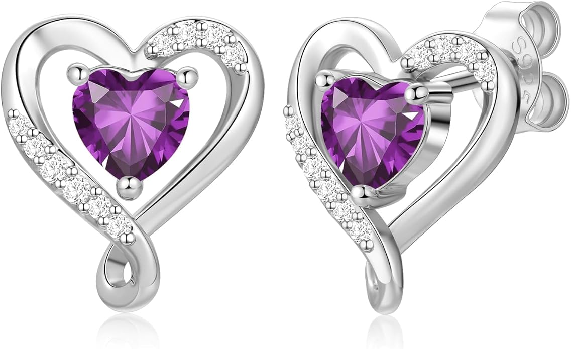 Zifeel Earrings for Women, S925 Sterling Silver Rose Gold Birthstone Heart Studs Earring for Girlfriend Wife, Anniversary Birthday Christmas Valentines Mothers Day Gifts Jewelry for Women Wife Her Mom