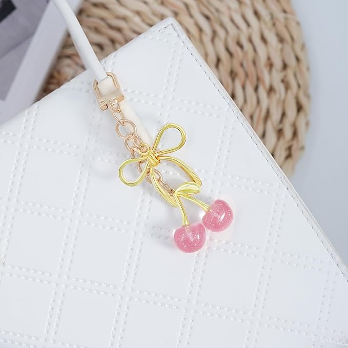 Tiny Cherry Keychain Cute Red Black Pink Cherry Key Chain for Women Glitter Small Bag Charms Car Keys Accessories