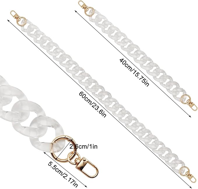 DaKuan 2 PCS Clear Flat Chain Strap, Transparent Acrylic Handbag Strap Replacement, DIY Bag Chain 16" & 23.5", 1.6" Wide