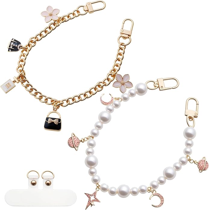 Pearl Beaded Phone Charm Wrist Strap,Cute Bracelet Wristlet Lanyard,Gold Double Chain for Phone Case,Purse Bag Wallet