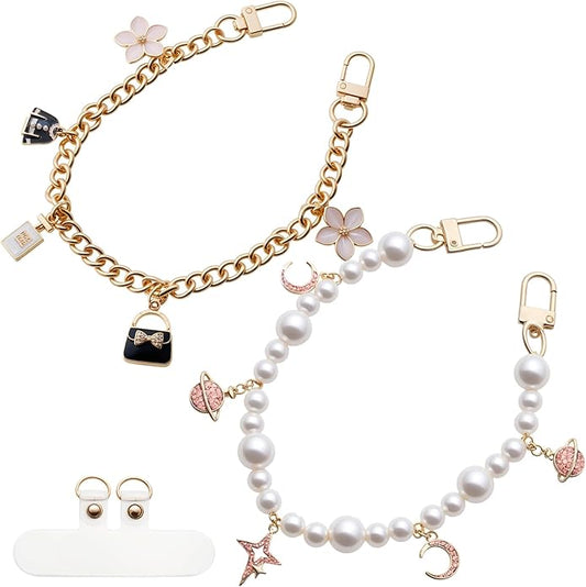 Pearl Beaded Phone Charm Wrist Strap,Cute Bracelet Wristlet Lanyard,Gold Double Chain for Phone Case,Purse Bag Wallet