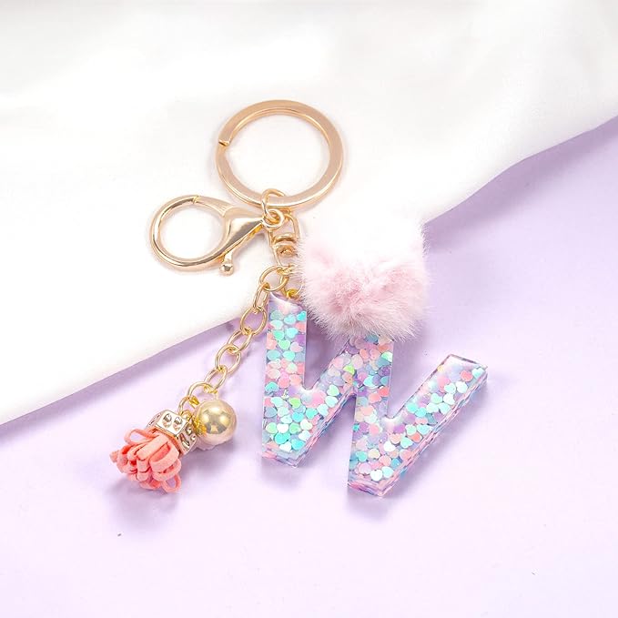 Resin Alphabet Initial Letter Keychain Keyring for Women Purse Handbags With Fur Ball Pom