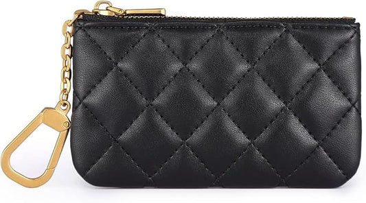 Premium Genuine Full Grain Leather Mini Coin Purse Keychain Pouch Card Holder for Men Women (Black Quilted- AG)
