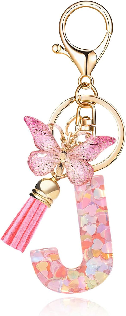 Fashion Alphabet Initial Letter Keychain Tassel Butterfly Pendant Key Ring for Purse Handbags Women Girl