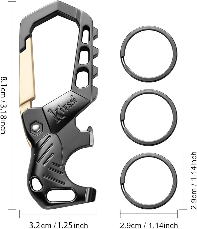 Heavy duty metal keychains, Carabiner clip Car key chains,Fashion family keychain bottle opener and 3 Key Rings suitable for men and women.(Gold-2pcs
