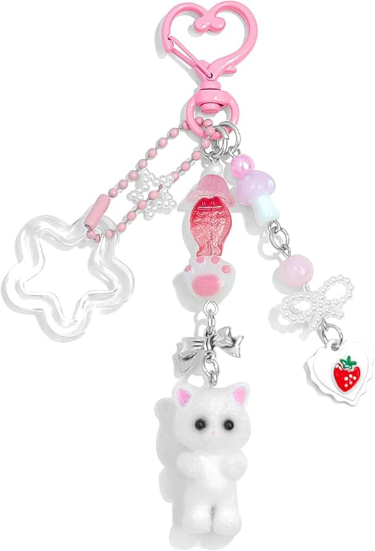 Cute Pink Keychain,Fuzzy Cat Keychain Aesthetic Y2K KeychainStylish KeychainsAccessories