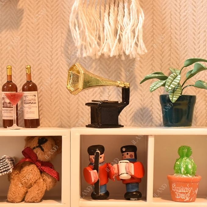 iLAND Miniature Dollhouse Accessories on 1:12 Scale, Grandfather Wall Clock and Record Player, elf Accessories