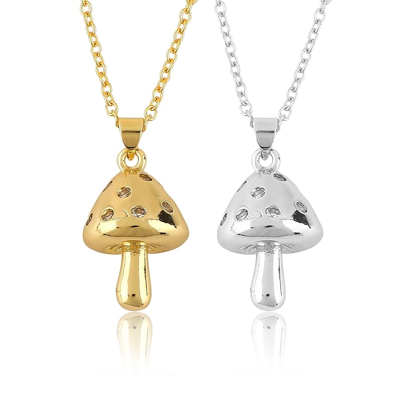 JOR Mushroom Charm Pendant Necklace, Women Jewelry, Dainty Gold & Silver Plated Chain Combo 18 inch (Pack of 2)