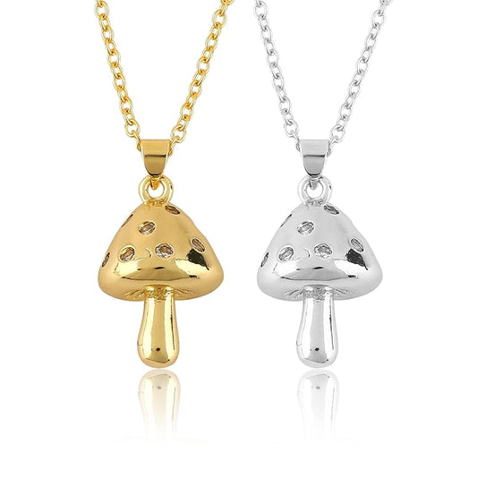 JOR Mushroom Charm Pendant Necklace, Women Jewelry, Dainty Gold & Silver Plated Chain Combo 18 inch (Pack of 2)
