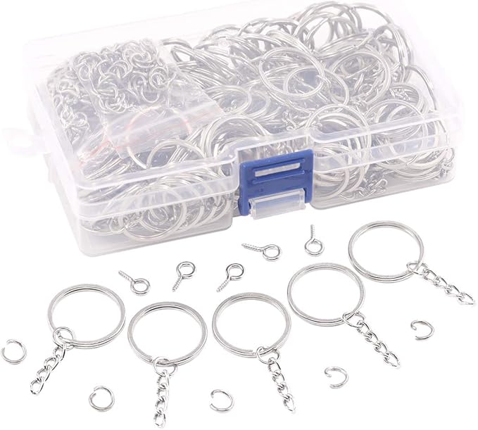 Swpeet 450 Pcs 1 Inch 25mm Sliver Flat Key Chain Rings Kit, Including Split Keychain Rings with Chain and Jump Ring with Screw Eye Pins for Jewelry Making