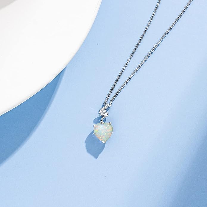 AGVANA Christmas Gifts 14K Solid White Gold Diamond Gemstone Pendant with Sterling Silver Chain 8mm Heart Birthstone Necklace Fine Jewelry Anniversary Birthday Gifts for Women Mom Wife