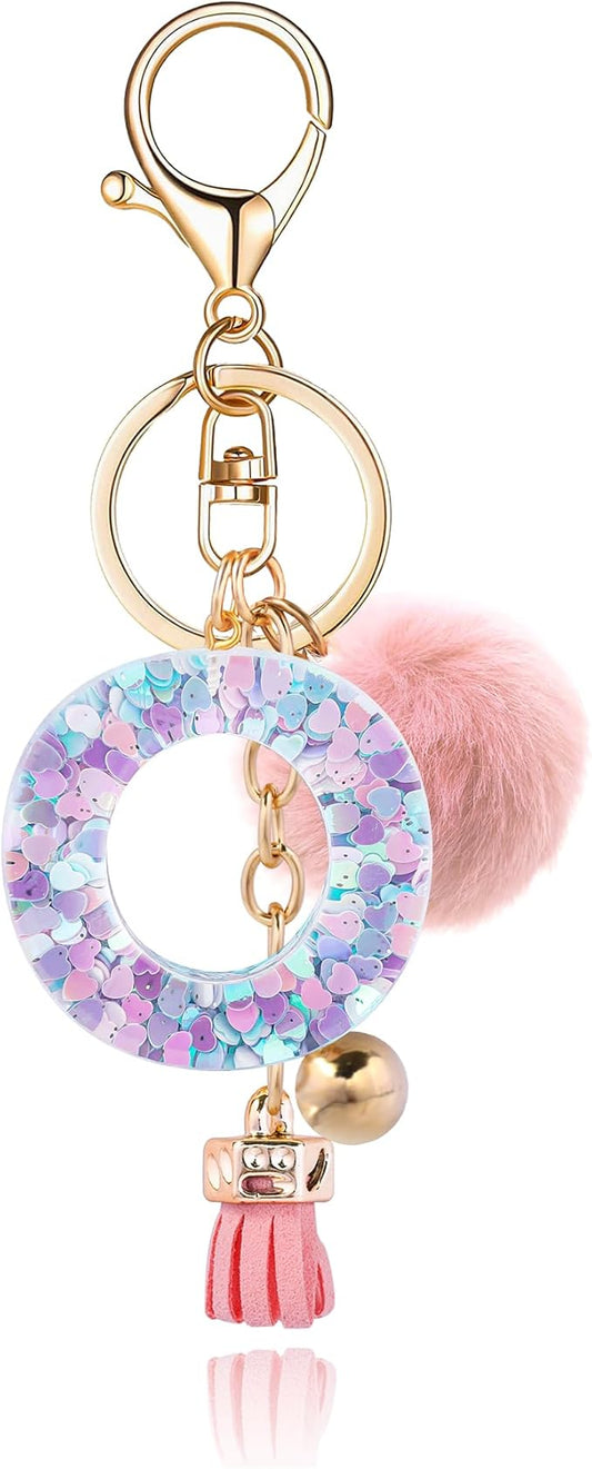 Resin Alphabet Initial Letter Keychain Keyring for Women Purse Handbags With Fur Ball Pom
