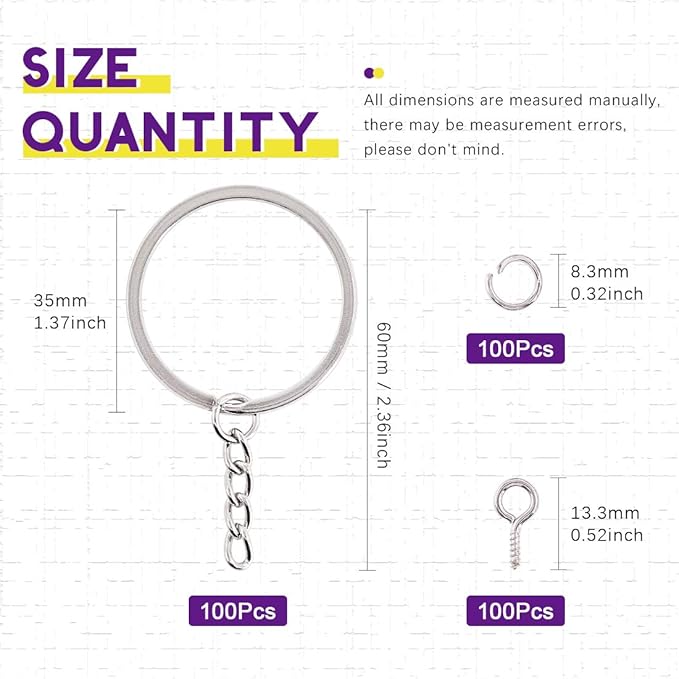 Swpeet 300Pcs 7/5 Inch 35mm Sliver Flat Key Chain Rings Kit, Including 100Pcs Split Keychain Rings with Chain and 100Pcs Jump Ring with 100Pcs Screw Eye Pins Bulk for Jewelry Findings Making
