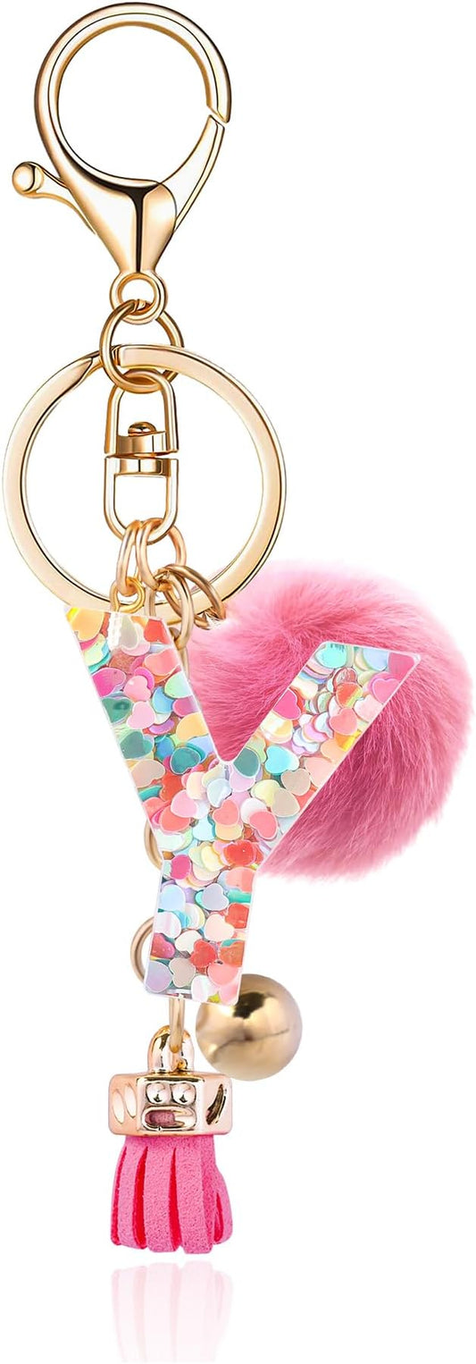 Resin Alphabet Initial Letter Keychain Keyring for Women Purse Handbags With Fur Ball Pom