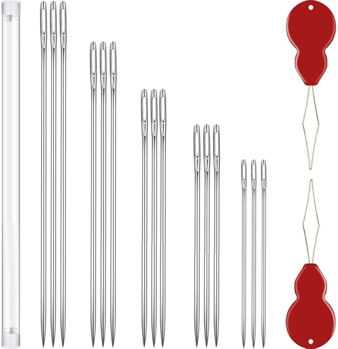 Long Sewing Needles, 15 Pcs & 5 Sizes Stitching Needles, Hand Sewing Needles for Stitching and Crafting Projects, Carpet, Cushion, Curtain, Quilting Needles Large Eye with 2 Needle Threaders
