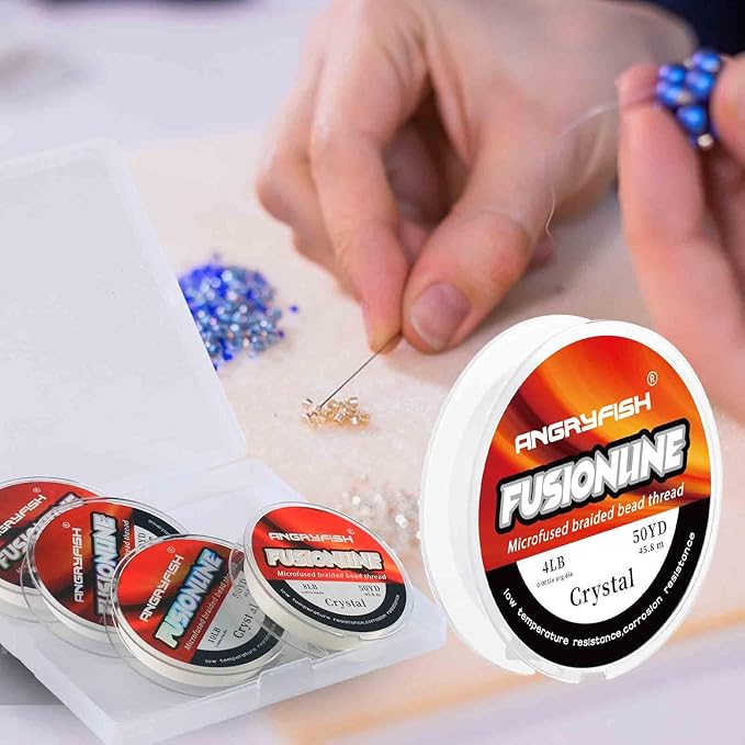 ANGRYFISH Fusionline Micro-Fused Braided Thread,Unbelievably High Tensile Strength,Not Stretch,Super Strong Stringing Material for Bracelet (Crystal, 4lb+6lb+8lb+10lb(4 Pack))