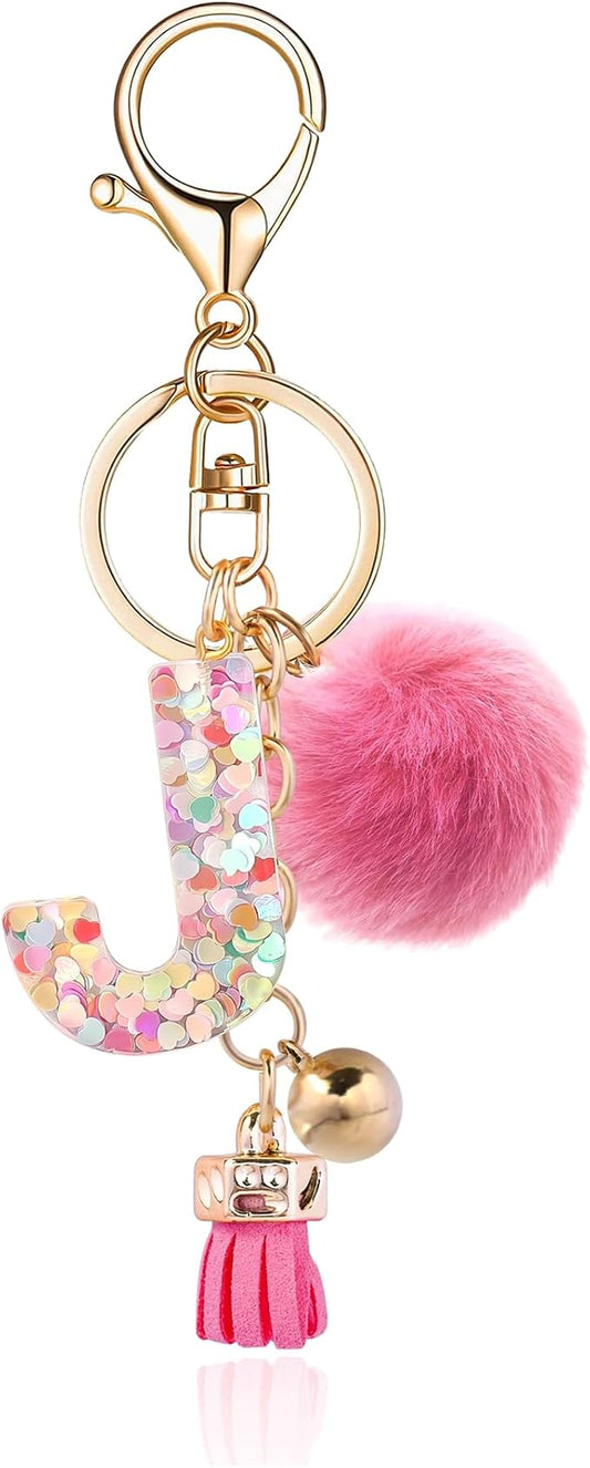 Resin Alphabet Initial Letter Keychain Keyring for Women Purse Handbags With Fur Ball Pom