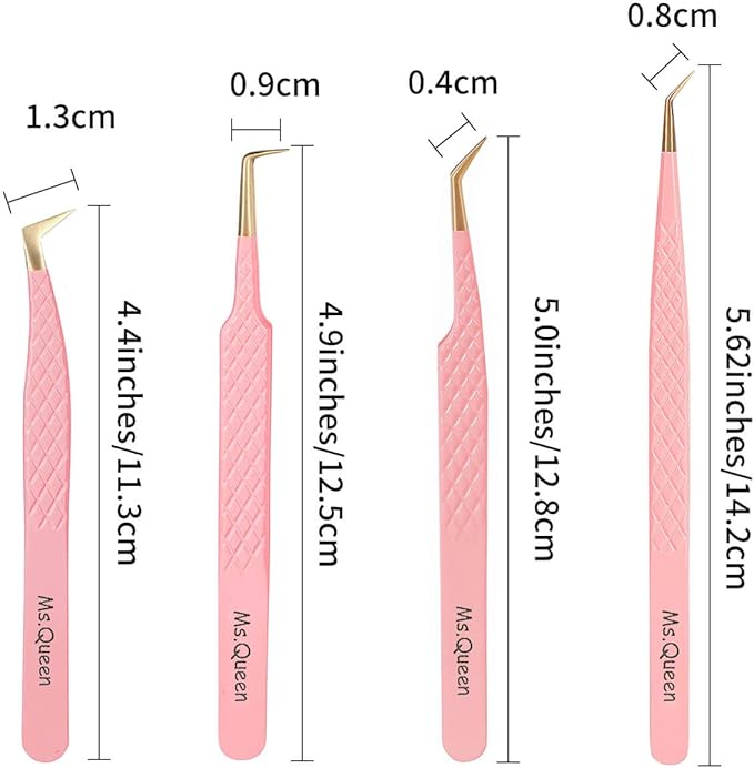 Ms.Queen Eyelash Extension Tweezers,4Pcs Fiber Tip Lash Tweezers for Volume Lashes Make Fans,45 90 Degree Boot Isolation Lash Tweezers Set