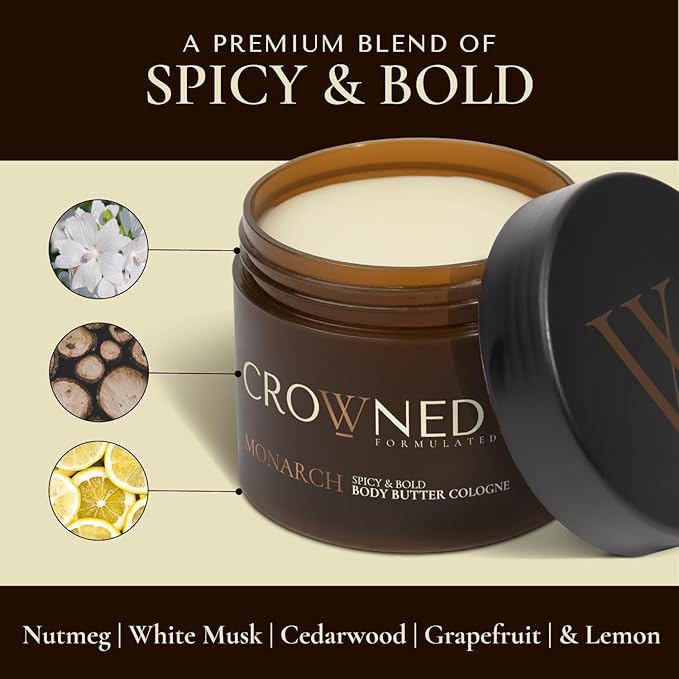 Crowned Skin Monarch Body Butter Cologne and Body Oil Cologne Bundle | New Moisturizing Formula | Skin Care Set with White Musk & Cedarwood Scent | Natural Shea & Mango Butters | All-Day Fragrance
