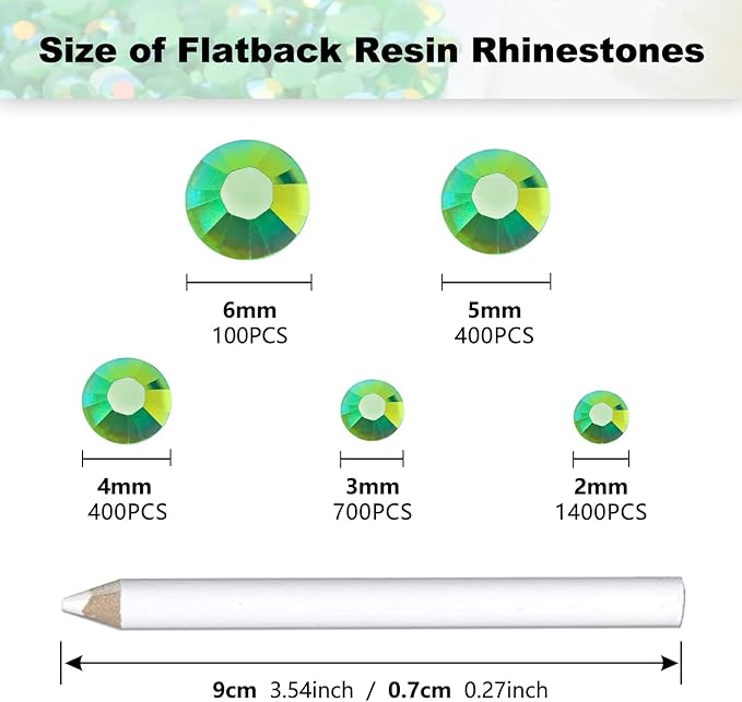 3000PCS Resin Flatback Rhinestone, 2mm 3mm 4mm 5mm 6mm Green AB Flatback Jelly Resin Rhinestones for Tumblers, Mugs, Bottles, Craft Decoration, Loose Bling Glitter Gem Stone