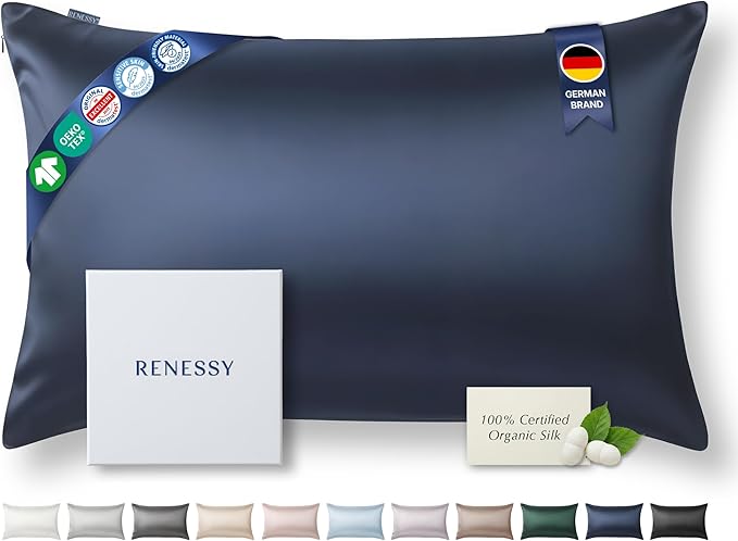 RENESSY Premium Silk Pillowcase 100% Organic Mulberry Silk, 22 Momme, Grade 6A - Oeko-Tex Certified in Germany - Luxury for Hair & Skin, 1 Piece (King Size 20x36 Inches, Navy Blue)