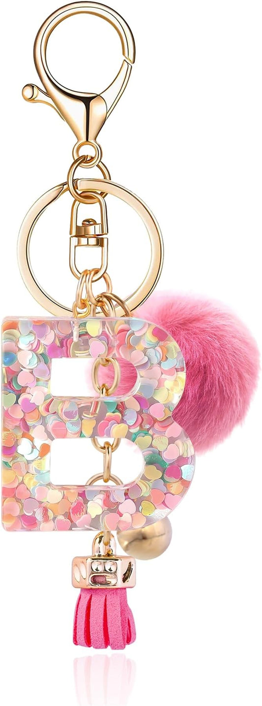 Resin Alphabet Initial Letter Keychain Keyring for Women Purse Handbags With Fur Ball Pom