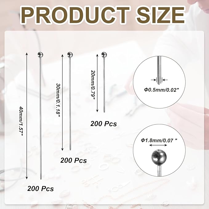 PATIKIL 0.8/1.2/1.6Inch Ball Pins, Jewelry Making Headpins Straight Pins Findings Bendable for DIY Craft Bracelet Necklace Earring Pendant Making Supplies-600Pcs(Dark Gray)