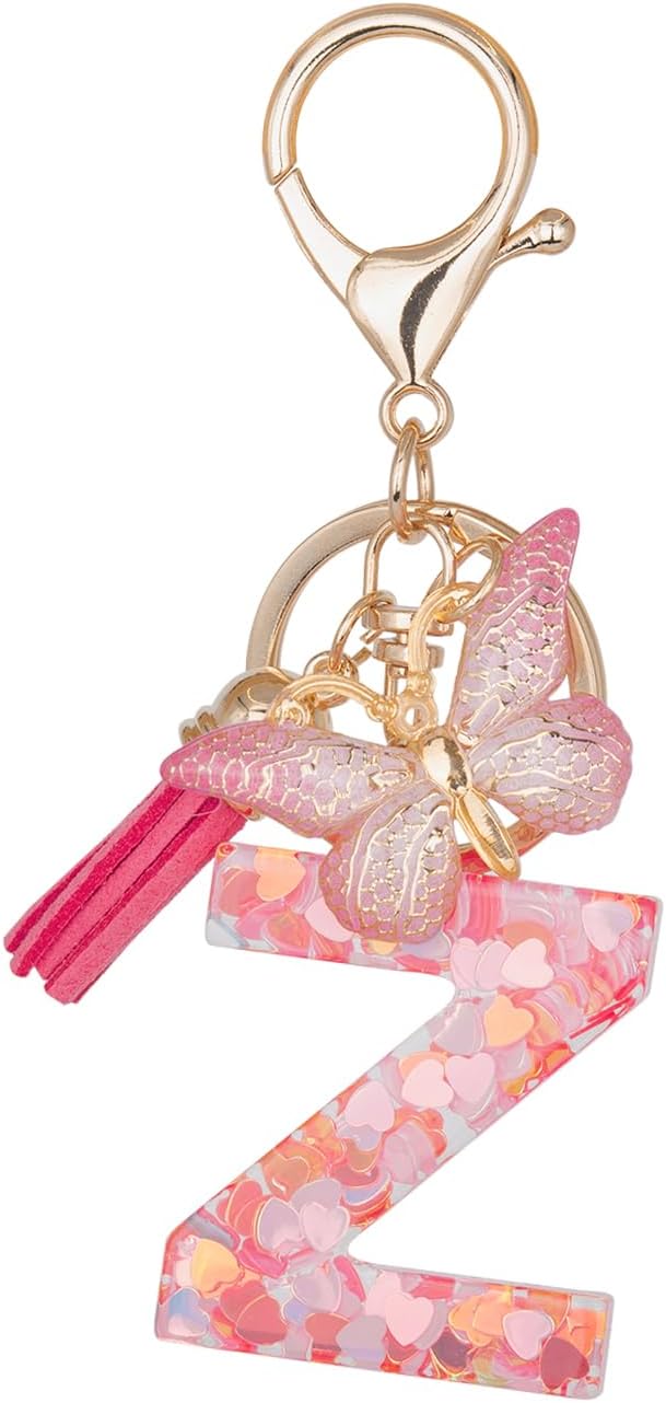 Initial Keychain Cute Pink Resin Letter and Butterfly Charms Keychains for Backpack Purses