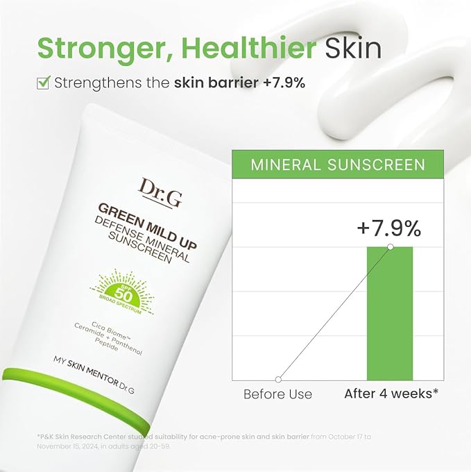Dr. G Green Mild Up Defense Mineral Sunscreen - SPF 50 Broad Spectrum Korean Sunscreen - Lightweight & Reef-Safe Mineral Formula - For Sensitive Skin - Non-Greasy - With Centella Asiatica - 1.69 fl oz