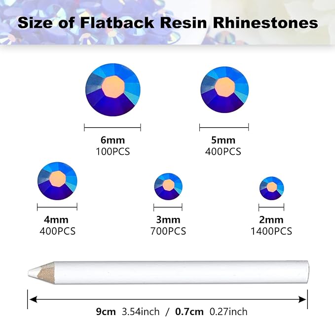 3000PCS Resin Flatback Rhinestone, 2mm 3mm 4mm 5mm 6mm Dark Blue AB Flatback Jelly Resin Rhinestones for Tumblers, Mugs, Bottles, Craft Decoration, Loose Bling Glitter Gem Stone