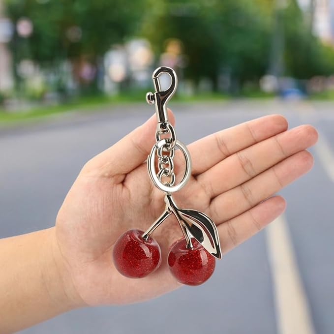 Cherry Keychain for Purse - Resin Alloy Silver Cherry Bag Charm，Cute Fruit Accessory for Women/Gift/Home/Car
