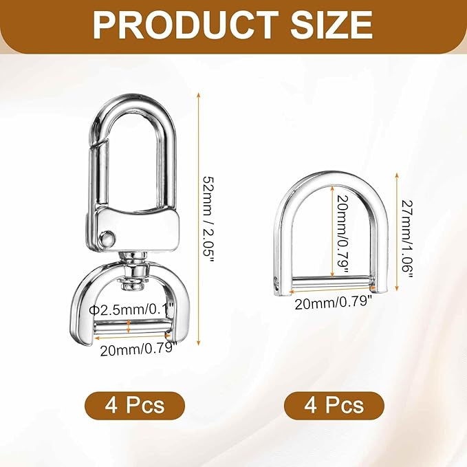 HARFINGTON 4pcs Detachable Snap Hook Swivel Clasp 3/4" (20mm) Zinc Alloy Lobster Claw Clasp with 4pcs D-Rings Screw in Shackle for Keychain Lanyard Purse DIY Purse Strap, Silver