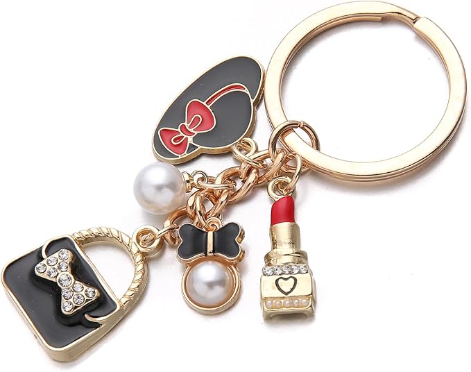 PHAETON 10PCS Keychains with Hat, Lipstick, Pearl, Bow, Handbag Pedant for Women Enthusiast Keychain Set Makeup Lovers Gift Cosmeticians Gift Make up Decoration Favor
