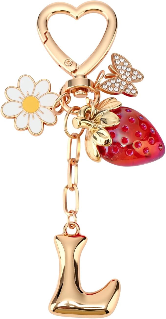 Strawberry Initial Keychain for Women-Cute Kawaii Gold Alphabet Bag Charms, Key chain Gift for Purse Handbag