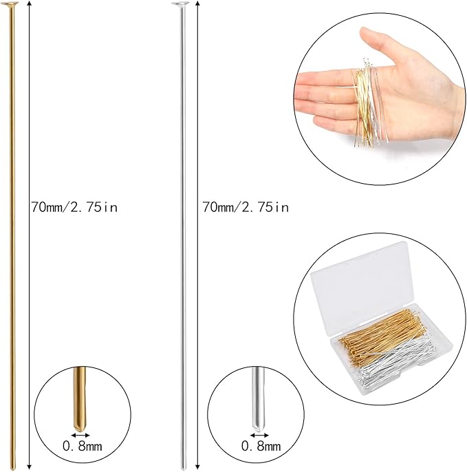 200 Pcs 70mm/2.76 Inch 21 Gauge Head Pins for Jewelry Making Straight Eye Ball Pin for DIY Christmas Styles Craft Earring Bracelet Necklace Pendant Making (Head Pins,Silver & Gold Color)