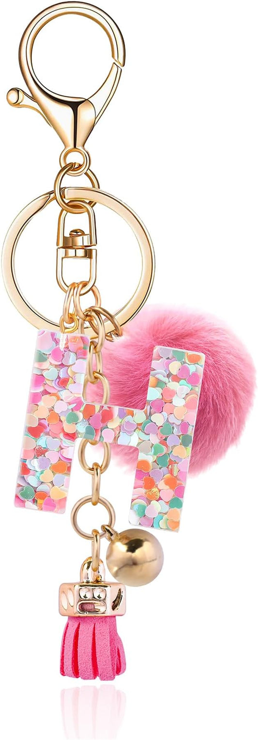 Resin Alphabet Initial Letter Keychain Keyring for Women Purse Handbags With Fur Ball Pom